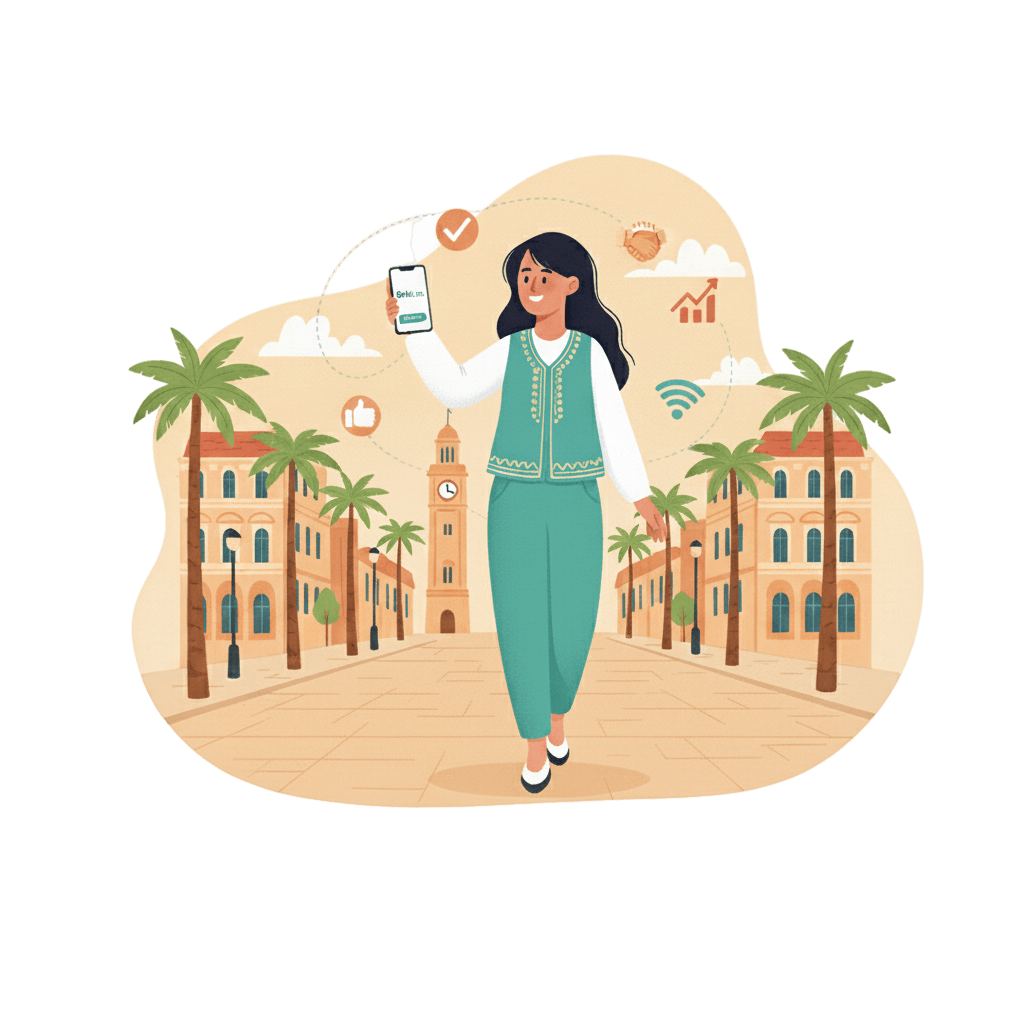 Illustration de l'affilié réussissant, marchant dans un décor urbain local.